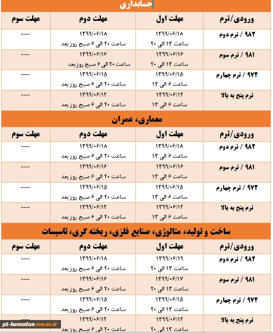 جدول زمان بندی انتخاب واحد نیمسال 991 3