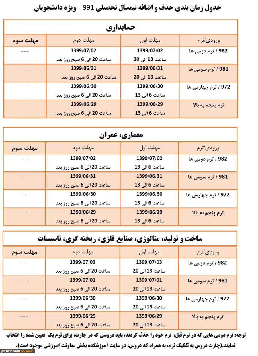 جدول زمان بندی حذف و اضافه