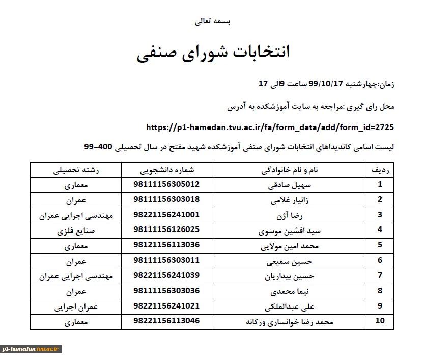 انتخابات شورای صنفی دانشکده مفتح برگزار خواهد شد. 5