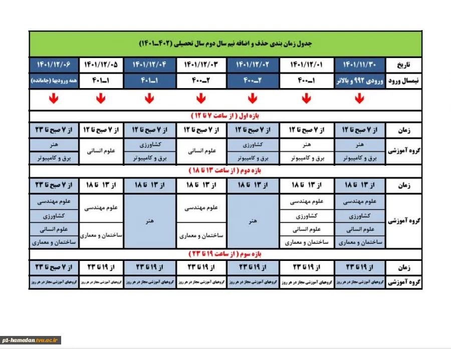 زمانبندی حذف و اضافه نیمسال بهمن 1401 2